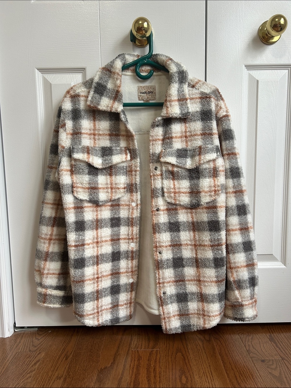 Harlow Plaid Sherpa Jacket in Cream, Gray & Brown